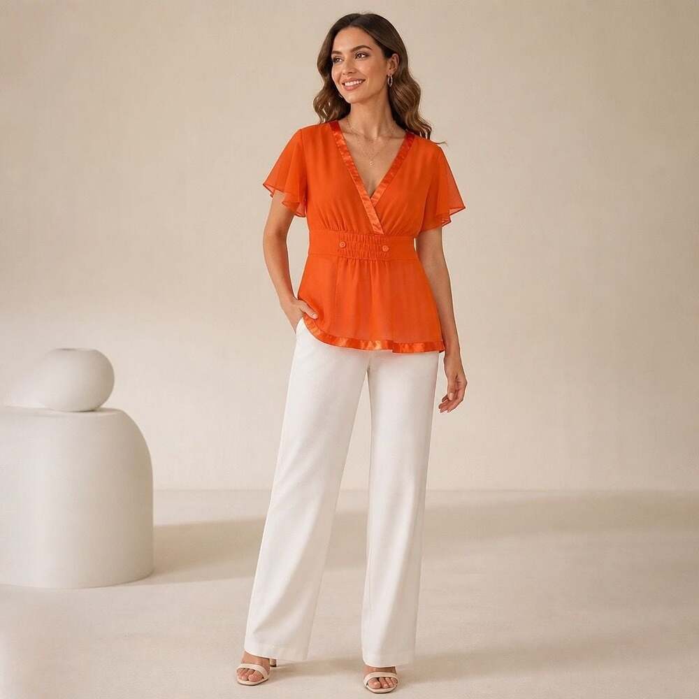 Hale Bob Dahlia Orange Silk Blouse Top V-Neck Flutter Sleeve Satin Trim